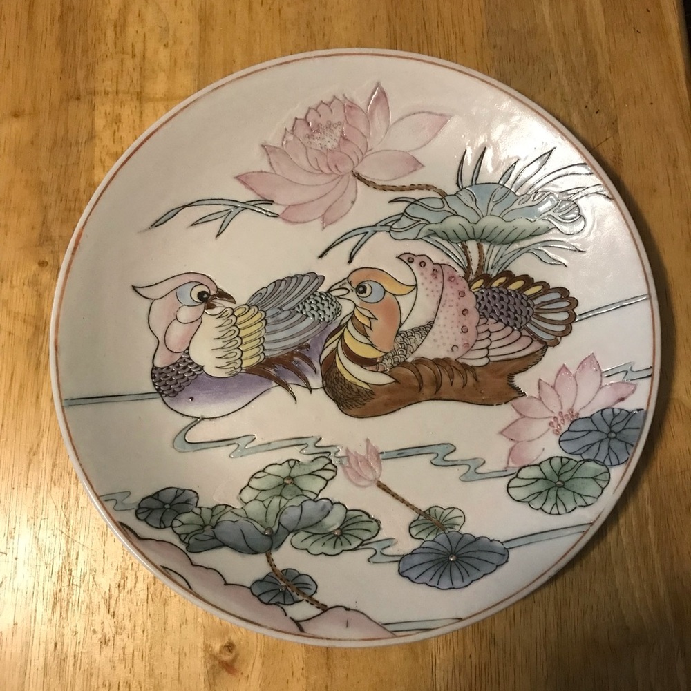 Macau Hand Painted Display Plate Called "Mandarin Doves" 4000 Year Old Folktale